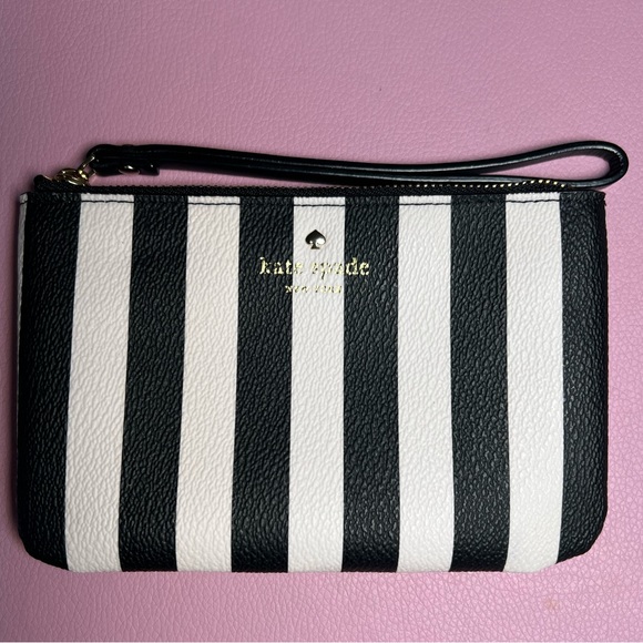 Kate Spade Black & White Stripe Coated Canvas Wristlet NWOT - Picture 1 of 7